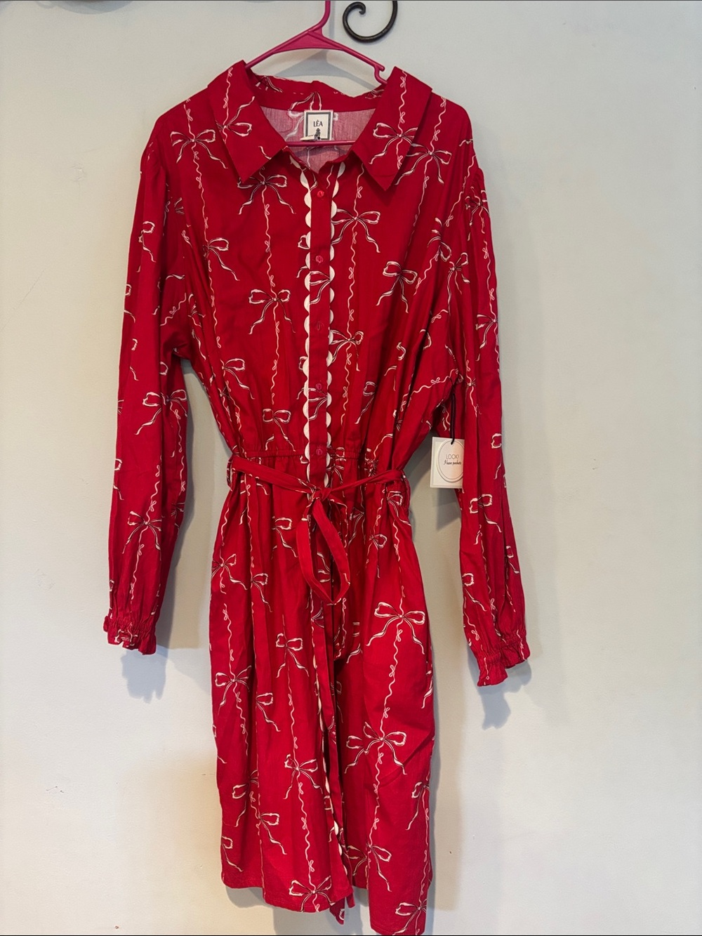 LEA Red Long-Sleeve Tie-Waist Shirt Dress with side pockets